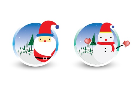 Santa claus and snowman in circle frame with christmas tree backgroundのイラスト素材
