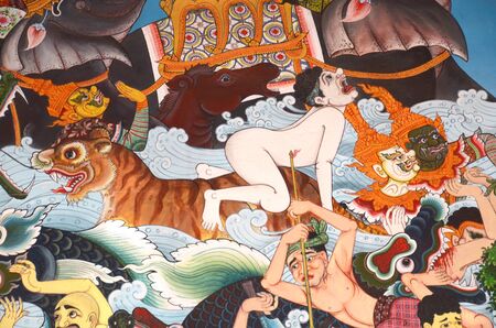 Thai painting intemple with traditional style.の写真素材