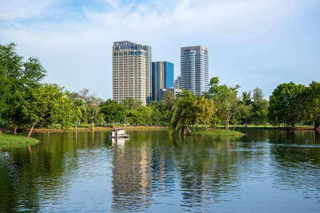 Park in Bangkok city with modern business buildingの写真素材