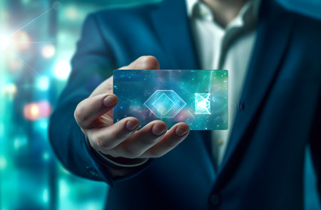 View of a Businessman holding a 3d rendering blockchain cube iconの素材