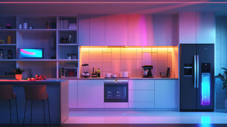 A modern kitchen interior design with state-of-the-art appliances, elegant lighting, and a cozy atmosphere captured at twilight.の写真素材