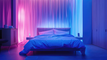A contemporary bedroom featuring a comfortable bed with vibrant neon blue and pink lighting creating a futuristic and relaxing ambiance.の写真素材