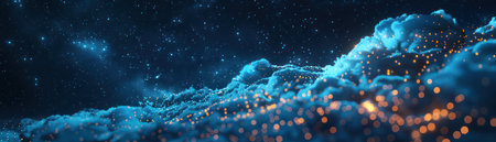 An abstract digital landscape, resembling a waveform, set against a backdrop of a star-studded night sky, blending technology with cosmic elements.の素材