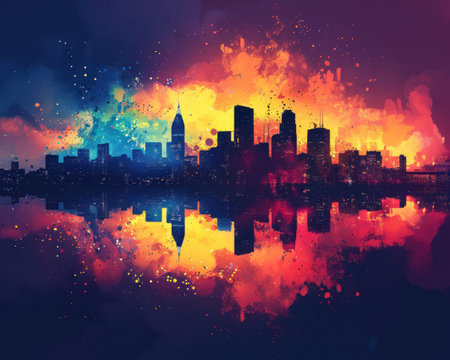 Abstract artistic representation of a city skyline against a backdrop of a watercolor sunset, blending urban and natural beauty.の素材