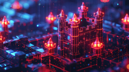 Close-up view of a vibrant and detailed futuristic circuit board with illuminated elements, showcasing advanced technology and digital concepts.の素材