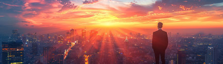 Silhouetted executive contemplating urban skyline during a vibrant sunset from a high-rise office.の素材