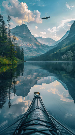 A first-person view of a kayaker experiencing a serene sunrise amidst majestic mountain reflections on a peaceful lake.の素材