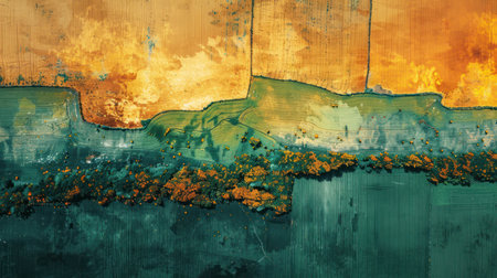 A vibrant tapestry of agricultural fields viewed from above, showcasing an array of colors in a patchwork landscape.の素材