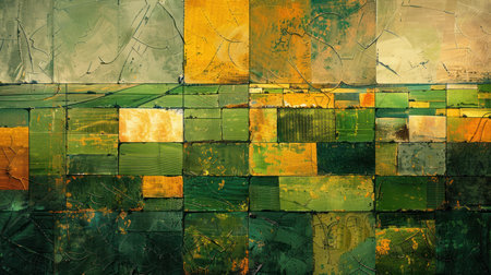 An abstract aerial perspective of farmland creates a stunning visual tapestry with rich, earthy tones and textured patterns.の素材