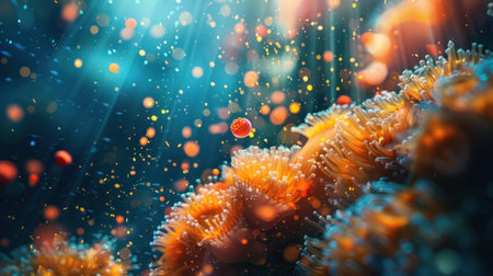 Macro shot of colorful sea anemones surrounded by tiny bubbles in a vibrant underwater scene, showcasing the beauty of ocean life.の素材
