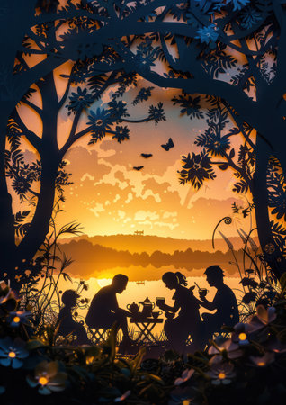 Silhouette paper art depicting a family sharing a peaceful moment during tea time in a forest at sunset.の素材