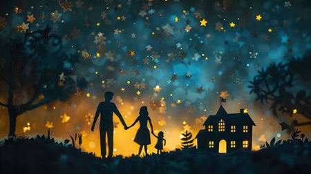 Silhouette paper art depicting a family sharing a peaceful moment during tea time in a forest at sunset.の素材