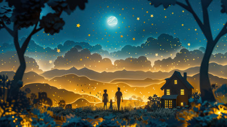 Silhouette paper art depicting a family sharing a peaceful moment during tea time in a forest at sunset.の素材