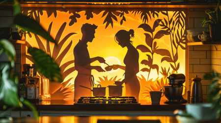 Silhouette paper art depicting a family sharing a peaceful moment during tea time in a forest at sunset.の素材