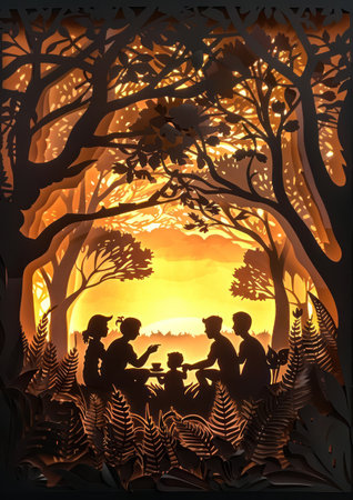 Silhouette paper art depicting a family sharing a peaceful moment during tea time in a forest at sunset.の素材