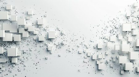Modern white 3D squares on a clean background, geometric abstract design.の素材