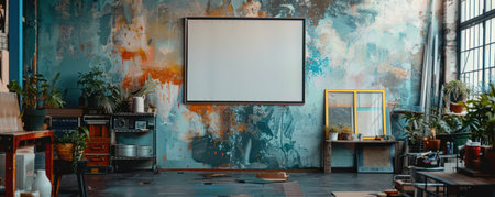 An artist's studio filled with natural light featuring a weathered easel holding a blank canvas mockup, amidst a creative and rustic environment.の素材