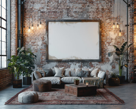 A chic loft-style living space boasting an exposed brick wall, classic brown leather Chesterfield sofa, and a large mockup frame,の素材