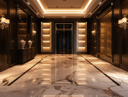 Luxurious gallery room with opulent dark walls adorned with gold-framed mockup paintings, featuring marble floors and elegant wall sconces.の素材