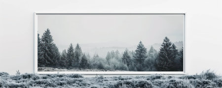 A monochrome photograph capturing the tranquil essence of a forest landscape, elegantly displayed within a minimalist frame.の素材