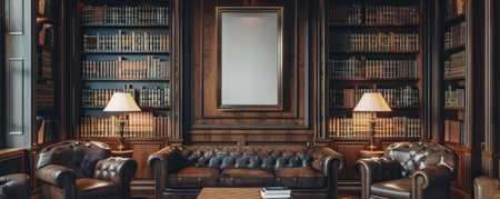 A stately library room graced with rich wooden bookshelves, luxurious leather armchairs, and an elegant mockup frame, exuding old-world charm.の素材