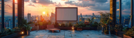 Sunset bathes an urban rooftop garden in golden hues, featuring a blank frame against a backdrop of city skyline and lush greenery, offering a tranquil escape amidst the bustling city life.の素材