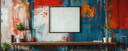 An artist's studio filled with natural light featuring a weathered easel holding a blank canvas mockup, amidst a creative and rustic environment.の素材