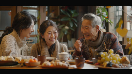Medium shot of a joyful Asian family gathering in a snug, warm home, celebrating together, familial warmth,の素材