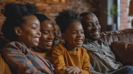 Medium shot of a Black family expressing joy and warmth in a cozy home, happiness, familial love, welcoming and comfortable interior, joyful interactions,の素材
