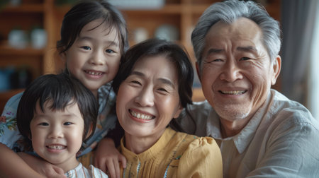 Medium shot of a joyful Asian family of color in a warm home environment, celebrating togetherness, rich cultural background, comfortable and welcoming living space, happiness and love,の素材