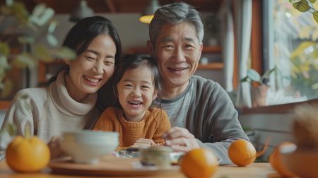 Medium shot of a joyful Asian family of color in a warm home environment, celebrating togetherness, rich cultural background, comfortable and welcoming living space, happiness and love,の素材