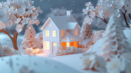 3D rendering of a fairy tale house in the snow. 3D illustration.の素材