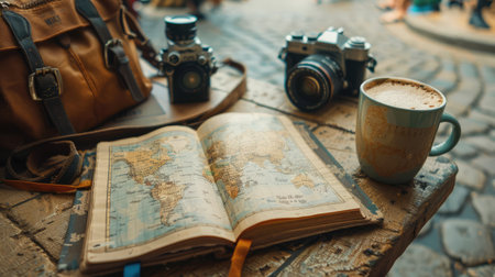 Wanderlust Chronicles: Closeup of a Travel Journal, Map, Camera, and Coffee Cup on Table, Inspiring Adventure Stories, Generative Aiの写真素材