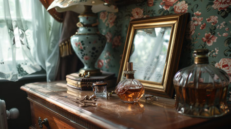 Intimate Bedroom Scene with Dresser, Framed Photo, Jewelry, and Perfume Bottle - Personal Space...
