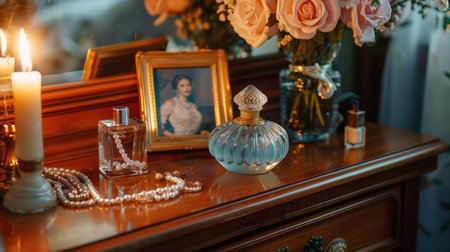 Personalized Sanctuary: Intimate Bedroom Dresser with Sentimental Photo, Elegant Jewelry, and Fragrant Perfume Bottle, Generative Aiの写真素材