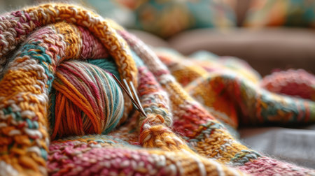 Crafting Memories: Intimate Knitting Project with Yarn, Needles, and Cozy Blanket, Generative Ai