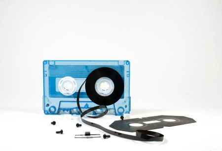parts of cassette tape on white backgroundの写真素材