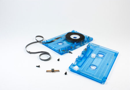 parts of cassette tape on white backgroundの写真素材