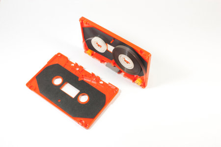 parts of cassette tape on white backgroundの写真素材