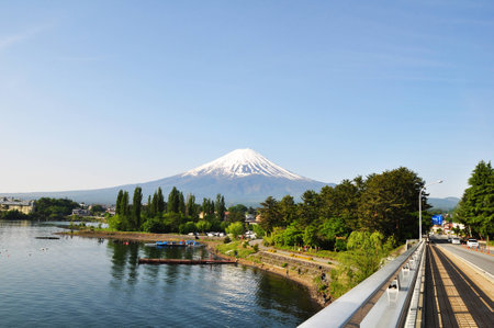 Mt Fuji in the early morning with reflection on the lake kawaguchikoの写真素材