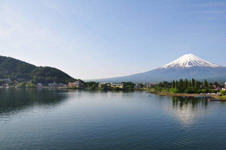 Mt Fuji in the early morning with reflection on the lake kawaguchikoの写真素材