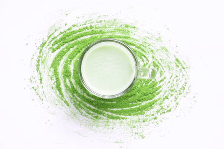 A Cup of Green Tea Latte with green tea powderの写真素材