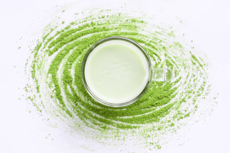 A Cup of Green Tea Latte with green tea powderの写真素材