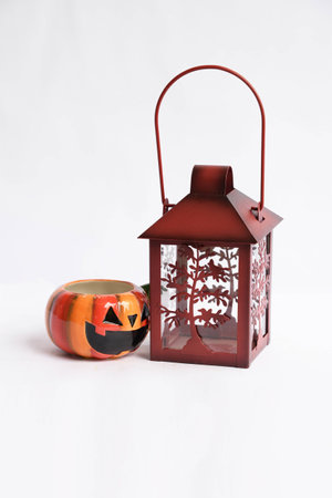 vintage lamp, lantern with Halloween glass on white backgroundの写真素材
