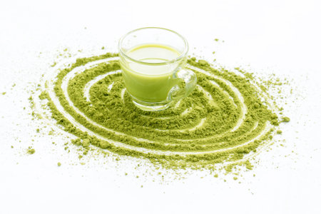 A Cup of Green Tea Latte with green tea powderの写真素材