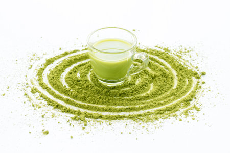 A Cup of Green Tea Latte with green tea powderの写真素材