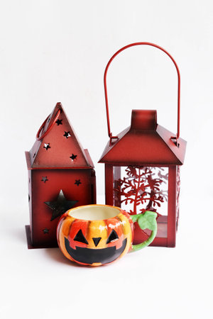vintage lamp, lantern with Halloween glass on white backgroundの写真素材
