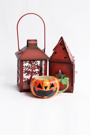 vintage lamp, lantern with Halloween glass on white backgroundの写真素材