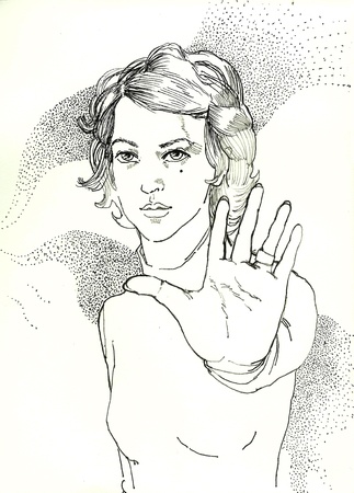 girl with rising hand in a stop signの写真素材