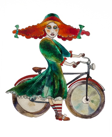 retro styled girl with a bicycle watercolor paintingの写真素材